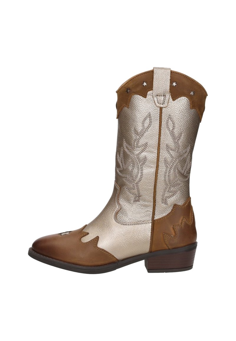 Cowboylaars tot halverwege de kuit met een metallic zilveren schacht, een leren neus en hak in bruin, sterren uitsparingen, decoratieve stiksel en een lage gestapelde hak.