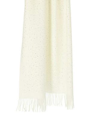 Kremowy szalik z miękkiego materiału, z wzorem w kropki i srebrnymi akcentami, wykończony frędzlami na końcach.