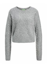 Maglione grigio corto con un motivo a treccia testurizzato, scollatura rotonda e polsini e orlo a coste, realizzato in un tessuto morbido.