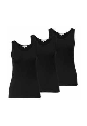 Three black sleeveless tank tops with round necklines, displayed side by side on a white background.