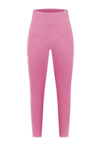 Różowe legginsy typu high-waisted bezszwowe z szerokim ściągaczem, zaprojektowane z myślą o dopasowanym i wygodnym kroju.