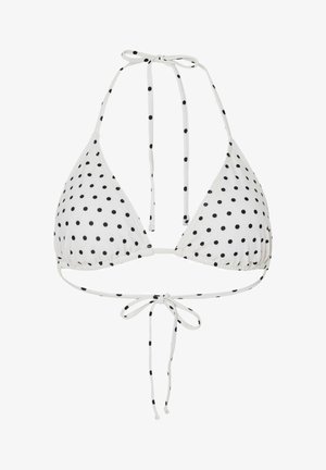 Weißes Triangel-Bikinioberteil mit schwarzen Punkten, mit Neckholder und Riemen am Rücken mit Schleifen auf weißem Hintergrund.