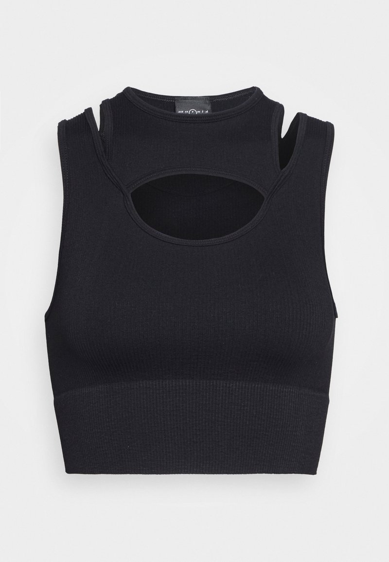 Crop top noir sans manches avec un col montant et une découpe ovale sous la clavicule, en tissu côtelé.