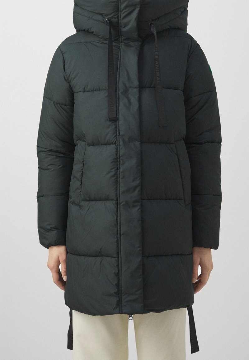 Black puffer jacket with a hood, featuring a quilted design, adjustable drawstrings, and side pockets. Made from smooth, lightweight material.