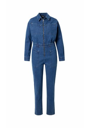 Pitkähihainen sininen denim-hyppyhaalari, jossa etuvetoketju, kaksi rintataskua, kaksi reisitaskua ja kauluksellinen pääntie.
