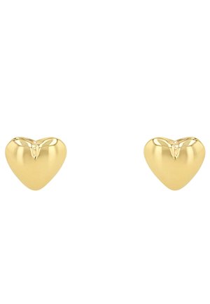 Gold heart-shaped stud earrings with a smooth, polished surface. Compact design featuring a subtle split at the top for added detail.