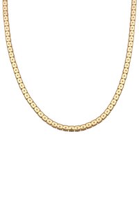 Halskette in Goldfarbe mit quadratischen Gliedern, die eine glatte Oberfläche aufweisen und gleichmäßig verteilt sind, was ein dezentes geometrisches Muster erzeugt.