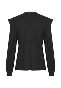 Top negru cu mânecă lungă dintr-un material texturat, cu volane pe umeri și decolteu rotund. Design simplu, elegant, fără modele.