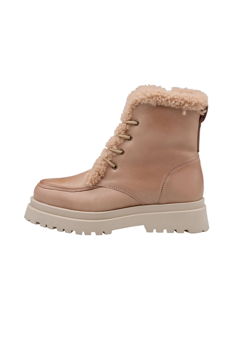 Helle, braune Leder-Ankle-Boots mit Kunstpelzfutter, Schnürung vorne und geriffelter, beiger Sohle. Sie verfügen über eine abgerundete Zehenpartie und strukturierte Verzierungen.