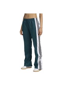 Tyrkysové teplákové nohavice s bielymi bočnými pruhmi, so zapínaním na cvoky pozdĺž nôh a s nášivkou Adidas, vyrobené z hladkého materiálu.