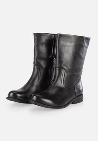 Botas de cuero negras con un acabado suave, de altura media hasta la pantorrilla, cremallera lateral y tacón bajo en bloque. Costuras sutiles y detalle del logo en el lateral.