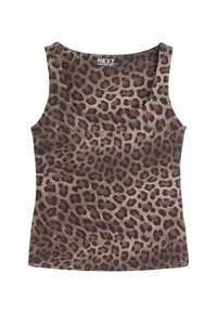 Leopardimustriga top, mis on valmistatud pehmest ja venivast kangast. Omab ruudukujulist kaelust ja on ilma varrukateta. Peamiselt pruun musta laikudega.