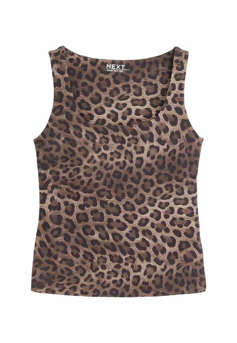 Leopardimustriga top, mis on valmistatud pehmest ja venivast kangast. Omab ruudukujulist kaelust ja on ilma varrukateta. Peamiselt pruun musta laikudega.