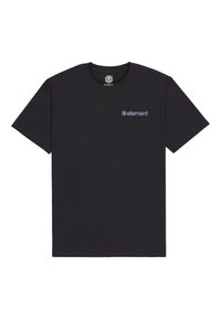 Schwarzes Baumwoll-T-Shirt mit kurzen Ärmeln, das ein kleines lila "Element"-Logo auf der linken Brust zeigt. Klassischer Rundhalsausschnitt und normaler Schnitt.