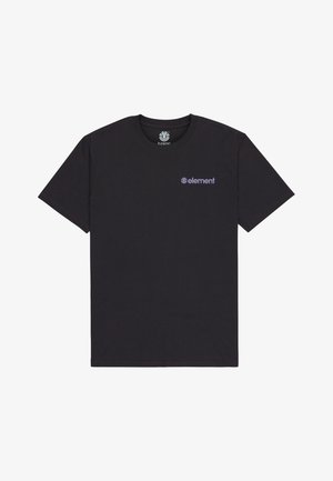 Black cotton t-shirt with short sleeves, featuring a small purple "element" logo on the left chest. Classic crew neckline and standard fit.