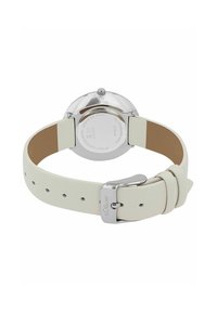 Weißes Lederuhrband mit silberner Hardware, das eine glatte Textur aufweist und ein rundes Gehäuse aus rostfreiem Stahl mit einem schlichten Rückdeckel hat.