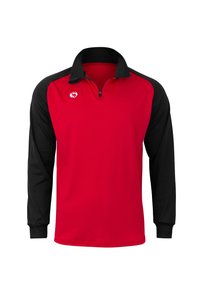 Rotes und schwarzes langärmliges Sportshirt mit einem durchgehenden Reißverschlusskragen und einem gestickten Logo auf der Brust. Glatter Stoff mit kontrastierenden Ärmeln.