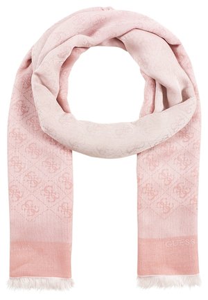 Lichtroze modieuze sjaal met een subtiel herhalend bloemmotief-logo en korte witte franjes aan beide uiteinden, gevouwen in een lus.