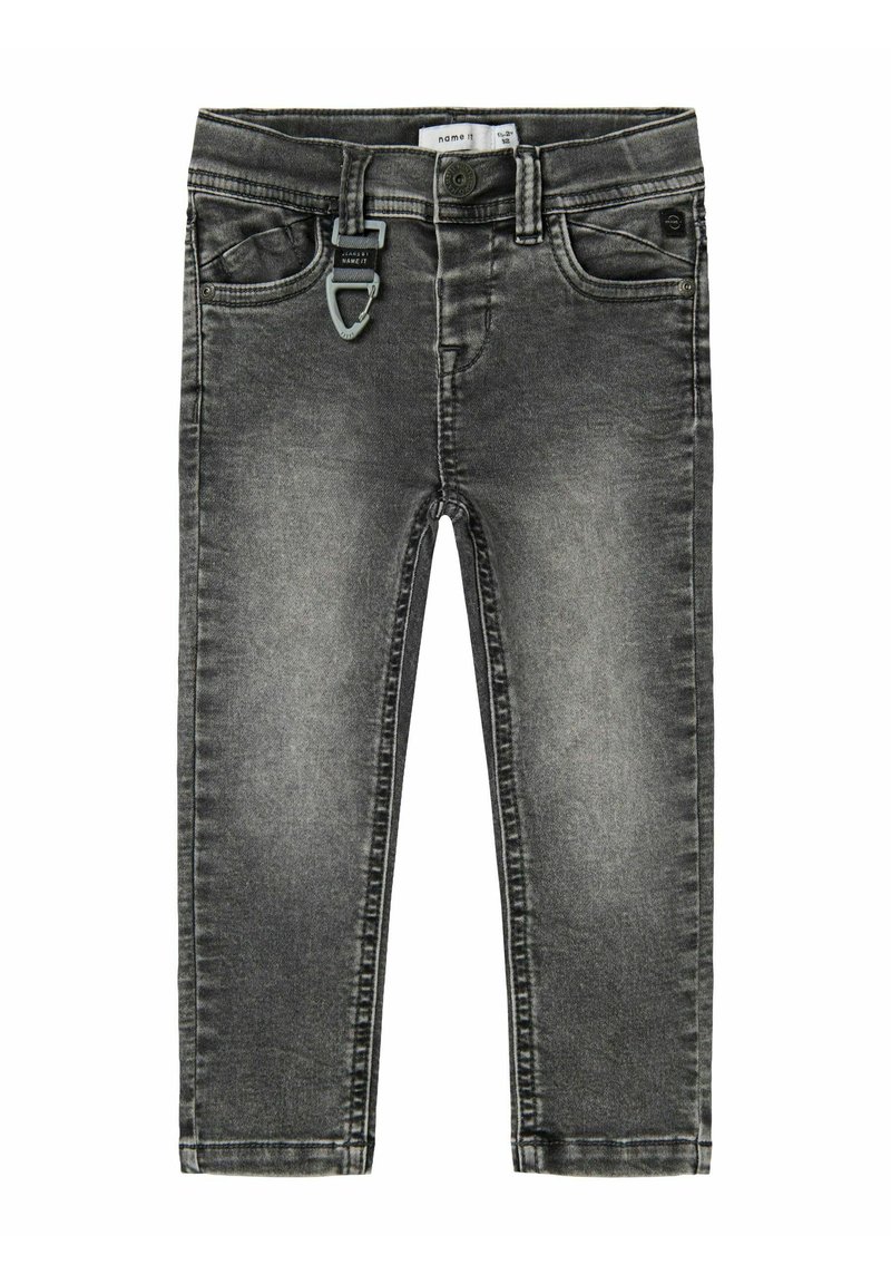 Grå denimjeans med slim fit, med dragkedja och knappstängning, fem fickor och bälteshällor på midjan.