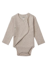 Jasnobe�żowy, prążkowany bodysuit z długim rękawem, z krojem kopertowym i zatrzaskami z przodu oraz na dole, ułatwiającymi zakładanie.