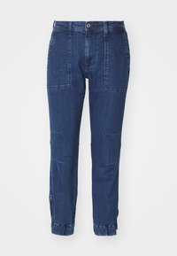 Pantaloni in denim blu scuro con vestibilità dritta, dotati di tasche a toppa anteriori e dettagli con zip ai polsini. Texture liscia, design classico.