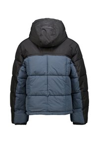 Donsjack met een blauwe body en zwarte schouders, voorzien van een capuchon, een gestikte ontwerp en elastische manchetten voor een goede pasvorm.