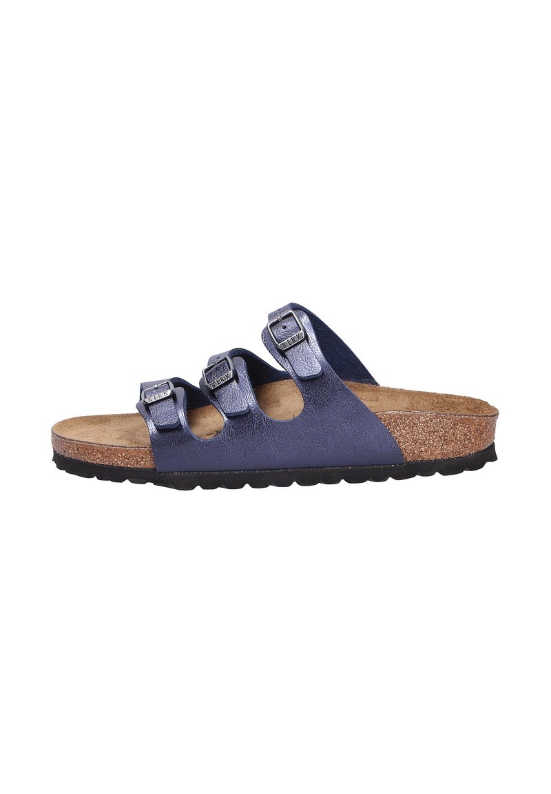 Navyblaue Rutschsandalette mit drei verstellbaren Schnallen, Korkfußbett und strukturiertem Gummifenster. Glattes synthetisches Obermaterial mit glänzendem Finish.