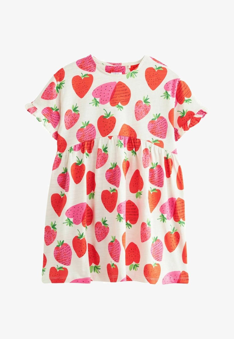 Robe en coton à manches courtes avec un col rond, une taille froncée et un motif vivant de fraises rouges et roses sur un fond crème.