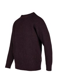 Rippstrickpullover in dunklem Burgunderrot, mit Rundhalsausschnitt und langen Ärmeln, in einem leicht lockeren Schnitt und strukturiertem Muster.