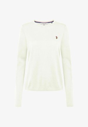 Õhukese kangaast valminud heleroheline pika varrukaga kampsun, mis on varustatud ümmarguse kaelusega ja rinnal tikitud logoga.