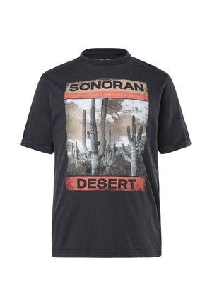 Sort bomulds-T-shirt med rund halsudskæring med et grafisk tryk af kaktusser og teksten "SONORAN DESERT" i fed rød skrift. Korte ærmer.