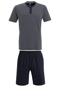 Ensemble de tenue d'intérieur pour hommes comprenant une chemise à rayures bleu foncé à manches courtes avec un col henley à boutons et un short marine avec une taille élastique.