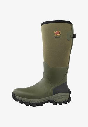 Waterproof green rubber boot with a textured surface, reinforced toe, and a branded logo. Features a sturdy outsole for traction.