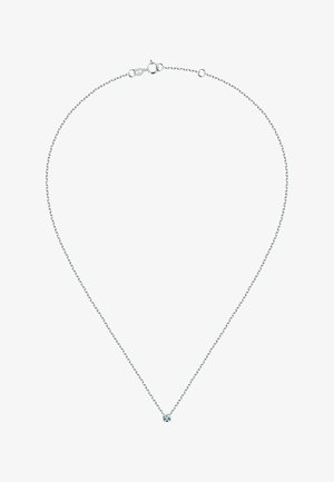 Collier en argent avec un design délicat de fines mailles, mettant en valeur un petit accent de pierre précieuse bleue unique au centre.