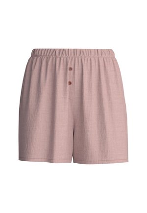Light pink elastic waist shorts with two front buttons and a textured fabric, shown on a white background.