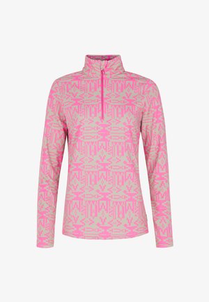 Langsleeve pullover in een roze en beige geometrisch patroon, met een half-rits kraag en rekbare stof met een gladde textuur.