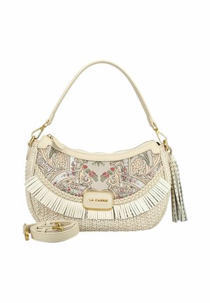 Borsa color crema con ricamo floreale, rifinitura con frange, dettaglio intrecciato, componenti in oro, tracolla removibile e decorazione con nappina di La Carrie.
