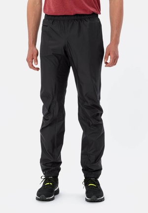 Black waterproof pants with an elastic waistband, tapered cuffs, and two side pockets; made from lightweight, smooth material.