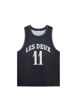 Svart mesh basketlinne med blå ränder, med "LES DEUX" och nummer "11" i vitt tryck. Rund halsringning, ärmlös design.
