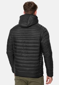 Black insulated jacket with a hood, featuring a quilted design, smooth texture, and fitted silhouette. Back view shows ribbed detailing.