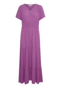Fialové maxi šaty s výstřihem do V, krátkými rukávy a řaseným pasem. Mají vrstvený lem a jemnou, lehkou tkaninu s splývavým designem.
