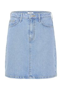 Light blue denim skirt with a straight cut, front pockets, and visible stitching details. Fastens with a metal button at the waist.