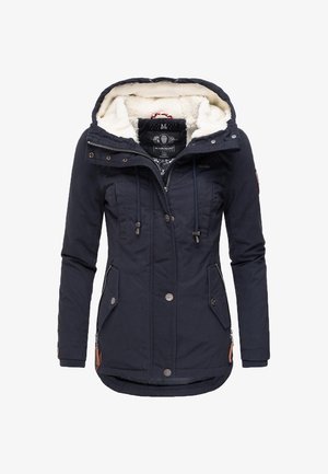 Veste d'hiver pour femme bleu marine avec capuche, fermeture éclair sur le devant, boutons-pression, cordons de serrage, doublure en polaire et plusieurs poches.