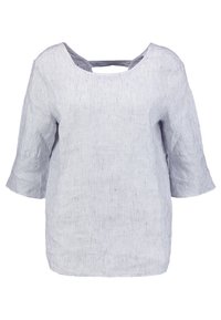 Světlá šedá blůza s dlouhým rukávem a jemnými vertikálními pruhy, širokým kulatým výstřihem a horizontálním detailem pásku na zádech.