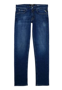 Sötét kék farmernadrág, slim fit szabással, elülső zsebekkel és gombos záródással. Az anyag sima tapintású, finom kopásokkal.