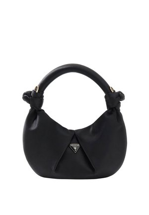 Petit sac à main en cuir noir avec poignée nouée et plaque triangulaire du logo Guess USA au centre avant.