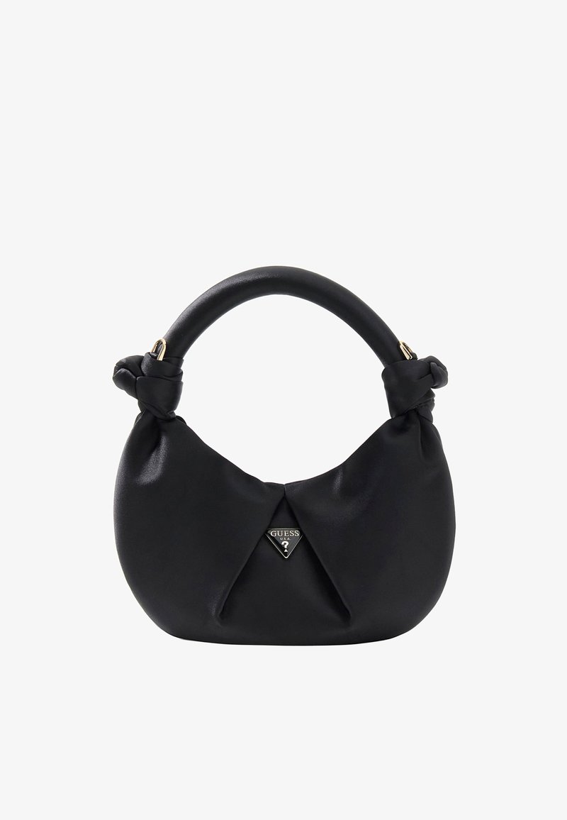 Petit sac à main en cuir noir avec poignée nouée et plaque triangulaire du logo Guess USA au centre avant.