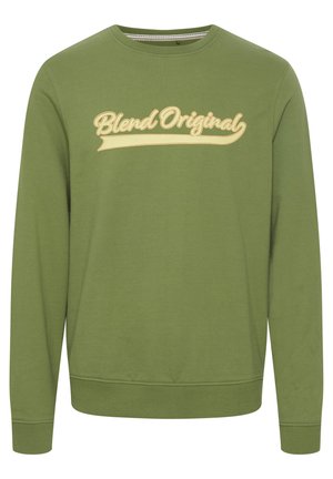Sudadera verde de algodón, con cuello redondo y mangas largas. Logo "Blend Original" en amarillo en la parte delantera.
