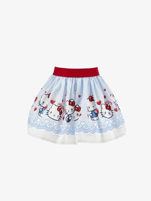 Svemirsko plava i bijela suknja s crvenim pojasom u struku, ukrašena ponavljajućim licima Hello Kitty i crvenim srcima.