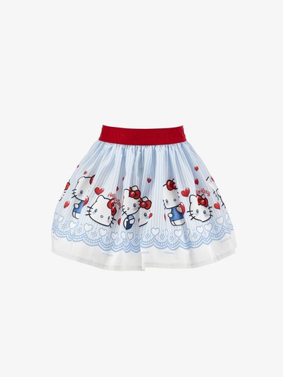 Φούστα γαλάζια και λευκή με κόκκινη μέση, διακοσμημένη με επαναλαμβανόμενα πρόσωπα Hello Kitty και κόκκινες καρδιές.